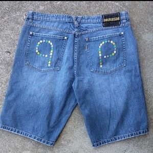 PARISH Baggy Denim Jean Shorts Jorts Embroidered Vintage 90s Mens Sz 42